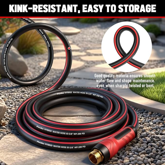 Garden Hose 25ft x 5/8", NON-EXPANDABLE Heavy Duty Premium Flexible Water Hose with 10 Function Spray Nozzle, No Kink, Leakproof, Lightweight Hybrid Hose with Swivel Handle, Male to Female Fittings