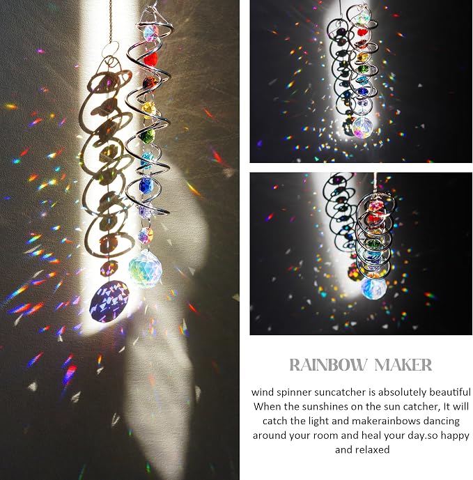 20.5in Crystal Sun Catcher with Chakra Beads Wind Spinner Decor | Crystal Sun Catcher Hanging with Seven Chakra Beads and Spiral Tail Wind Spinner for Window Indoor Garden Christmas Decor