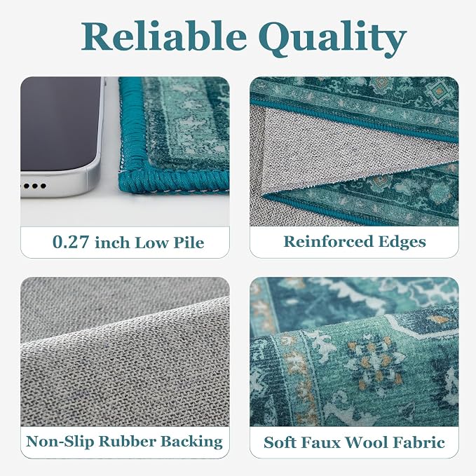 Teal 2x6 Runners for Kichen Floor Washable Non Skid, Boho Hallway Runner Rug for Entryway Front Door Foyer Mudroom, Vintage Medallion Carpet Runners 6ft for Bedroom Bathroom Laundry Room