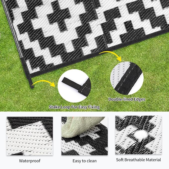 Outdoor Patio Plastic Straw Rug - 4x6 ft Outdoor Camping Rug Waterproof Reversible, Area Carpet Patios RV, Outside Porch Balcony Deck for Camper, Black & White