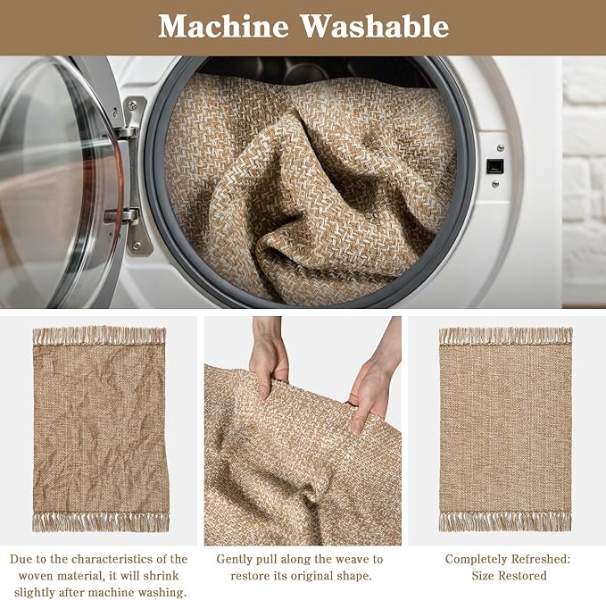 Boho Small Bathroom Rug 2' x 3', Modern Farmhouse Rugs for Entryway | Hand-Woven Washable Kitchen Mat, Tan/Cream Low Profile Front Door Mat, Reversible Jute Porch Carpet for Laundry Bedroom