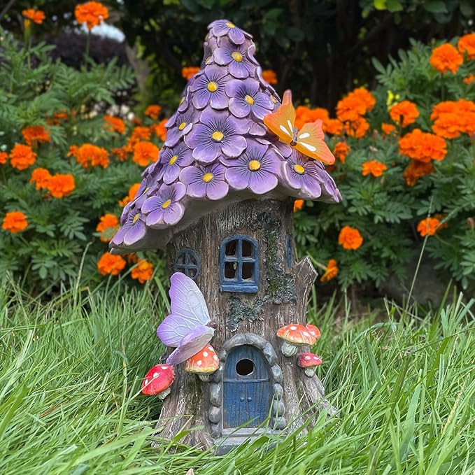 COWOS Mushroom House Statue, Garden Decor Outdoor Solar Statues, Solar Garden Statue Lights, Fairy Garden Decorations, Mushroom Fairy House Figurine with Butterflies and Flowers for Yard Decor