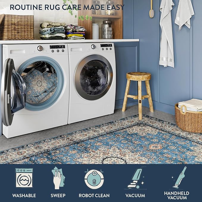 Lahome Felice Oriental Floral Medallion Round Rug - 4Ft Blue Vintage Round Kitchen Area Rug, Soft Non-Slip Washable Coffee Table Mat Indoor Accent Laundry Room Carpet for Classroom Entrance Office