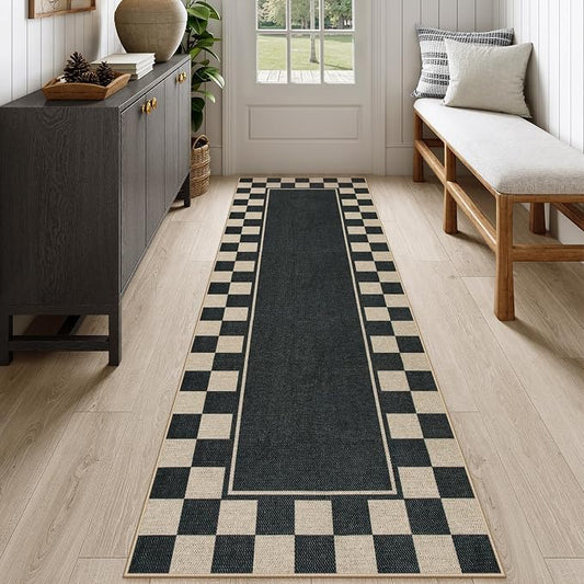 Moynesa Easy Jute Runner Rugs Washable 2.5x8 Entryway Runners Rug for Kitchen Black Checkered Carpet for Indoor Outdoor Non Slip Mat for Hallways Bathroom Bedroom Laundry Living Room Corridor