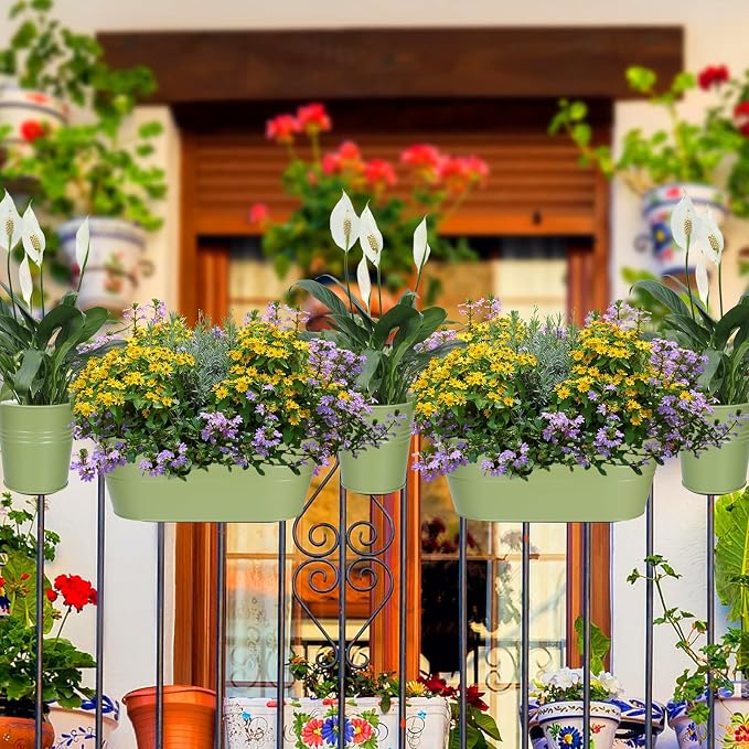 HowRU Metal Iron Flower Pots for Railing Fence Hanging Bucket Pots(5 Pcs) and Hanging Flower Pots Metal Iron Bucket Planter(10 Pcs) (Green)