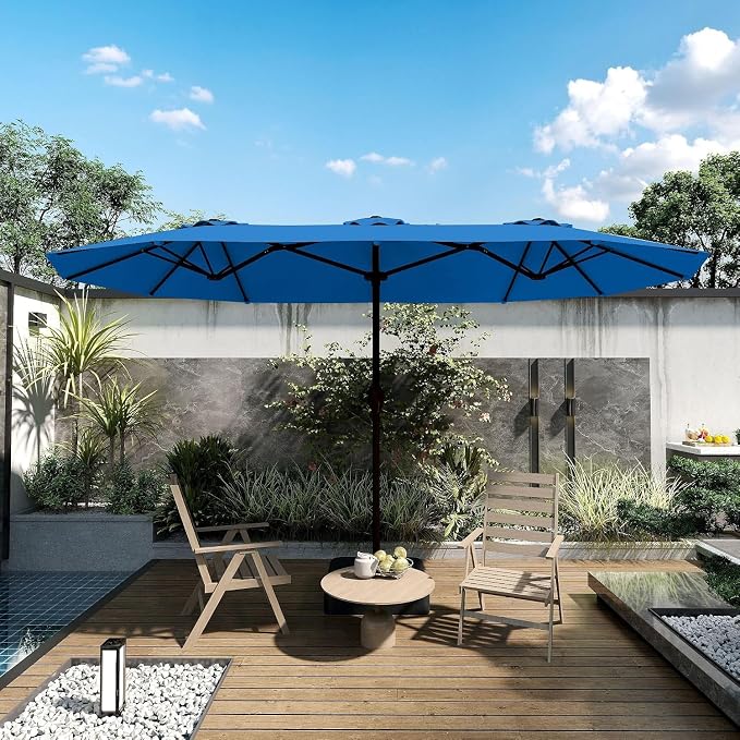 Kingdura 15ft Large Patio Umbrella with Base Included, Double-Sided Rectangle Outdoor Table Umbrella with 12 Reinforced Ribs, Crank Lift for Market Pool Deck Backyard, Royal blue