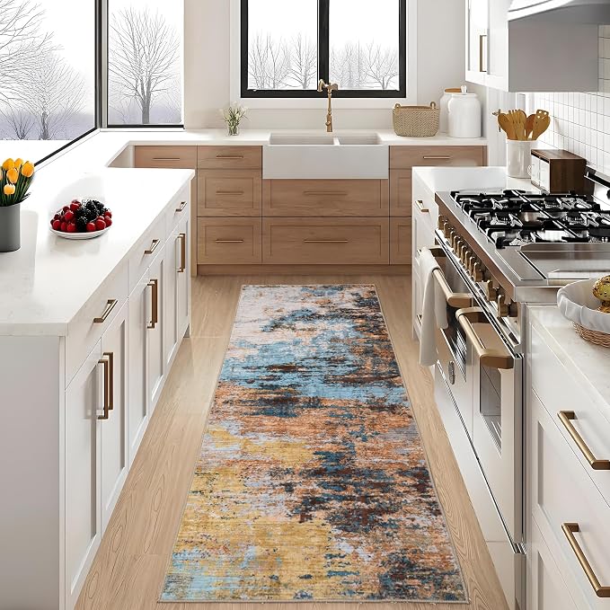 GarveeHome Washable Area Rug 3x5 Modern Abstract Yellow | Non-Slip Backing, Stain-Resistant Low Pile Floor Cover, Colorful Indoor Mat, Bedroom, Kitchen, Laundry
