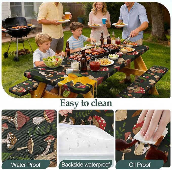 Picnic Table Cover with Bench Covers Camping Essentials Waterproof Windproof Camping Tablecloth with Drawstring Bag, Fitted Rectangle Tables and Seats, 96in, Black Red