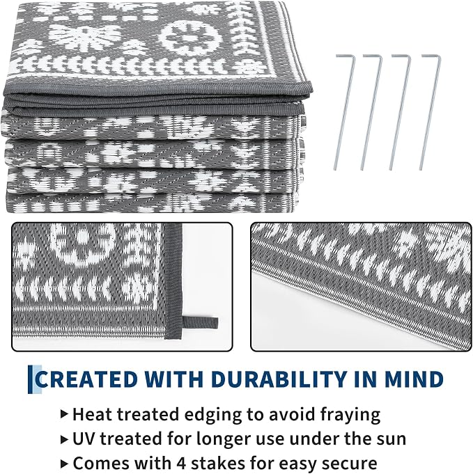 Garvee Reversible Outdoor Rug 9x18 for Patio, Waterproof Outdoor Area Rug, Modern Medallion Indoor Outdoor Rugs, Plastic Straw Rug for RV, Camping, Deck, Vintage Grey