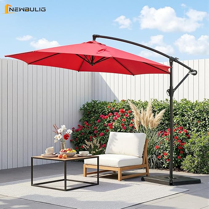 NEWBULIG 10FT Patio Umbrella, Offset Cantilever Outdoor Patio Table Umbrella, UV Protection, Fade Resistant Fabric, Easy Tilt Adjustment for Pool, Deck, Garden, Backyard, Red