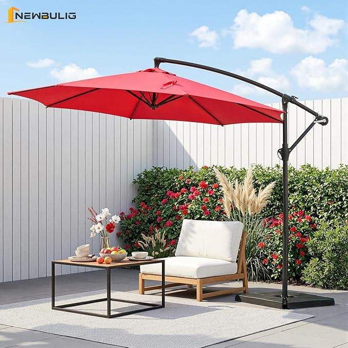 NEWBULIG 10FT Patio Umbrella, Offset Cantilever Outdoor Patio Table Umbrella, UV Protection, Fade Resistant Fabric, Easy Tilt Adjustment for Pool, Deck, Garden, Backyard, Red