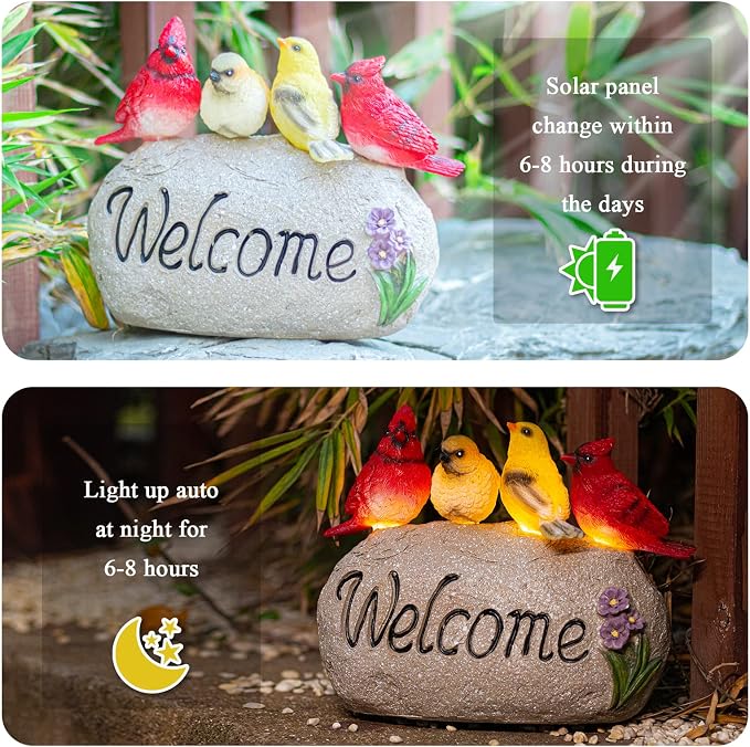 Solar Garden Statues Outdoor Decor, Welcome Sign Garden Sculptures Statue Novelty Birds Figurine Decoration for Patio Yard Porch Art Home Decor or Gifts for Mom Grandma