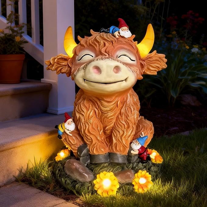 Solar Highland Cow Garden Statue with Funny Gnomes | LED Lights, Outdoor Decor, Yard Art, Gift for Mom & Grandma