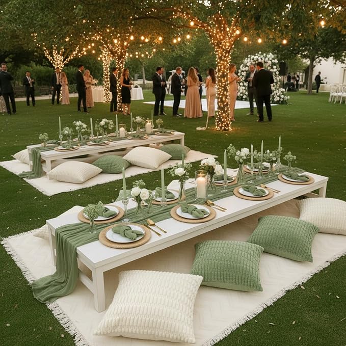 Beeveer 14 Pack Picnic Kit 91x71 Inch Extra Large Outdoor Boho Picnic Blanket with Sage Green Table Runner, 6 Throw Pillow Covers 6 Napkin Woven Cotton Yarn Washable Beach Blanket for Camp Wedding