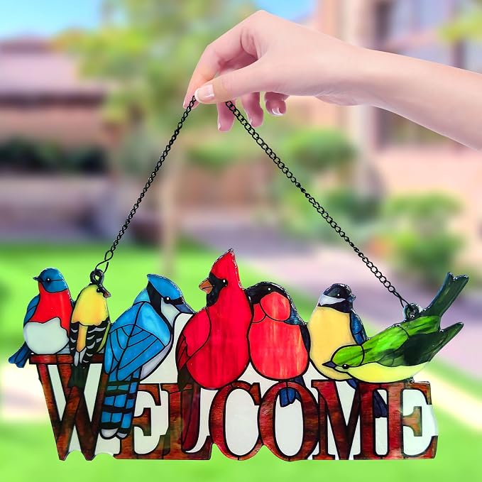 JOYBEE Birds On Branch Stained Glass Suncatcher Cardinal Hummingbird Kingfisher Double Side Glass Panel Window Hanging Decor Bird Ornament Bird Lover Gift for Mom Grandma
