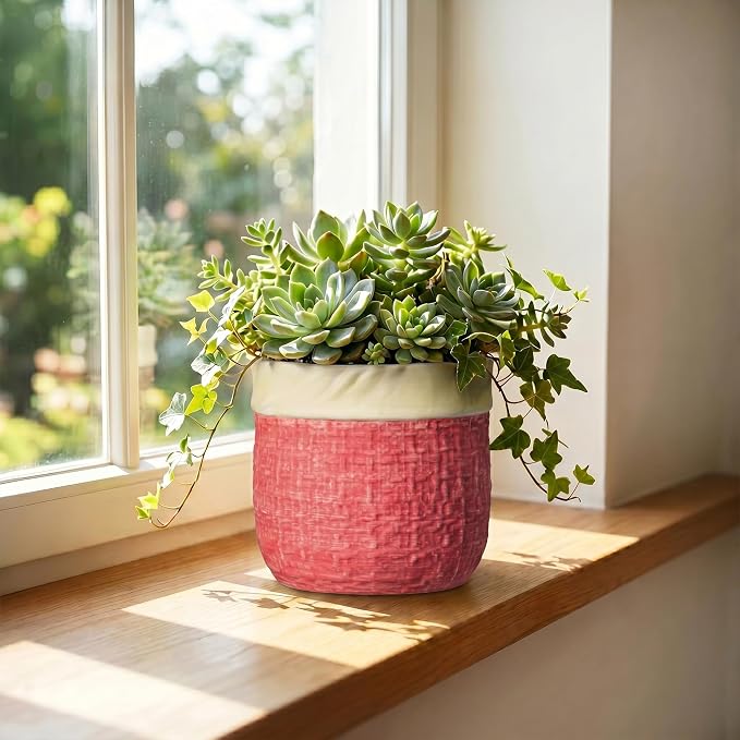 6 Inch Pots for Plants, Ceramic Planter, Round Flower Pots, Red | Boho Planter with Drainage Hole, Decorative Plant Pot for Indoor Plants, Office Desk Decor, Gardening Gifts for Women