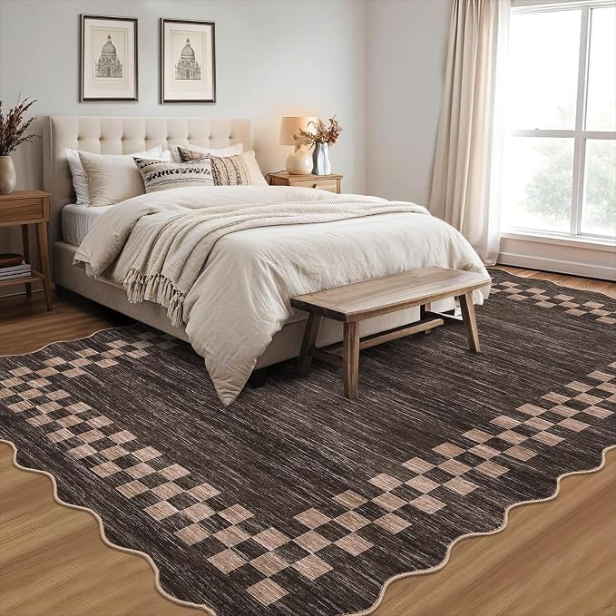GarveeHome 10x13 Area Rug Large Living Room Washable Scalloped Rug | Non Slip Low Pile Bedroom Throw Carpet Modern Bordered Dining Room Stain Resistant Neutral Carpet for Home Office, Brown