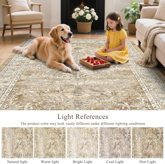 U'Artlines Boho Vintage Area Rug 5x7 Machine Washable Carpet, Cream Tan | Low Pile, Non Slip, Ultra-Thin Soft Floor Carpet, Accent Rug for Living Room Bedroom Dining Room Office