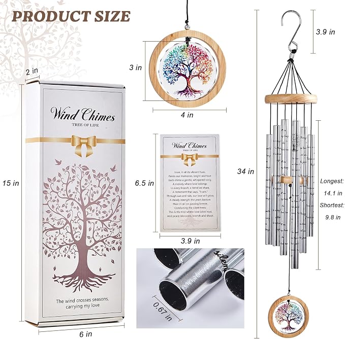 Memorial Wind Chimes for Outside 34" Tree of Life Wind Chime Outdoor for Garden Porch Decor Memorial Bereavement Sympathy Gift for Loss of Loved One Mom Dad Grandpa Grandma Friends