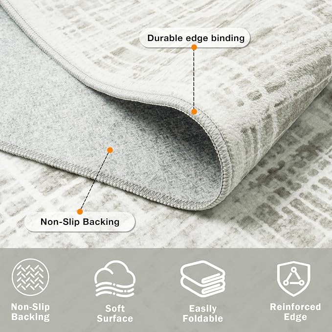 4x6 Washable Area Rug for Living Room Bedroom: Non-Slip Modern White Gray | Machine Washable TPR Backing, Stain-Resistant Low Pile, Pet & Kid Friendly, Abstract Decor for Dining Room, Dorm, Home Office