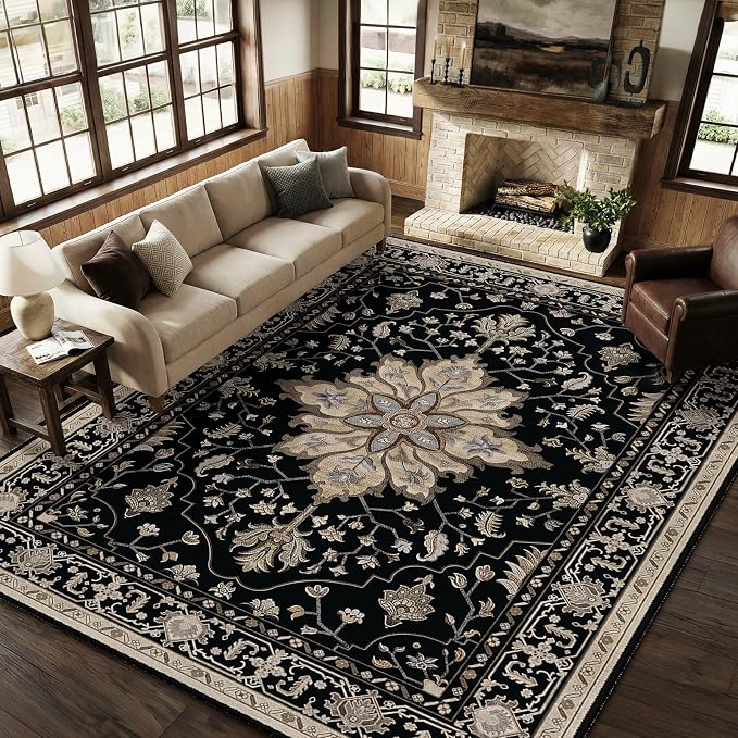 RELEANY Washable Area Rug, 8'x10', Black/Neutral | Non-Slip, Water Repellent, Pet Friendly, Easy to Clean, Vintage Floral Boho Decor for Living Room Bedroom Dining Room