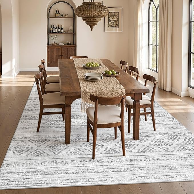cotiled Boho 10x12 Area Rug for Living Room: Large Moroccan Washable Rug | Solve Modern Neutral Trendy Home Decor - Stain Resistan Carpet for Bedroom Farmhouse Light Grey