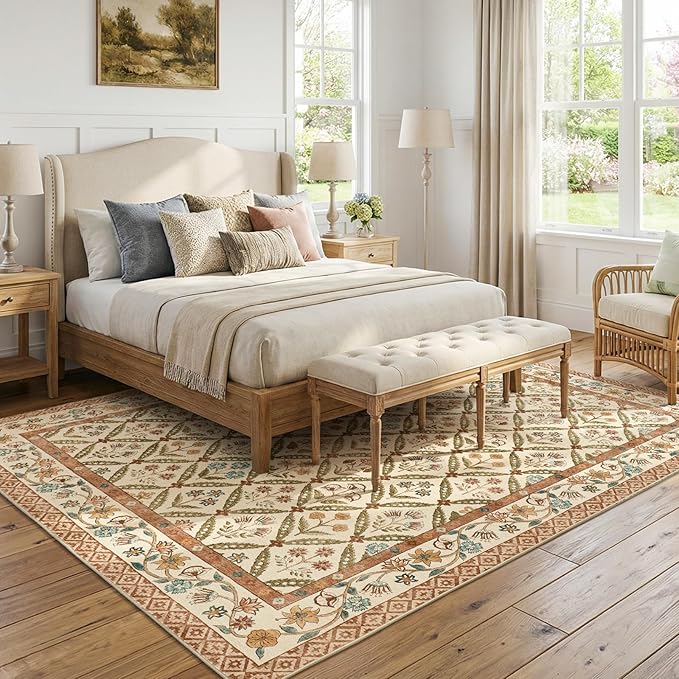 jinchan 8x10 Vintage Floral Washable Large Living Room Area Rug, Terracotta | Soft & Lightweight, Checkered Floral, Low Pile, Non Slip, Bedroom, Dining Room, Girls Room, Home Office, Cottage Decor