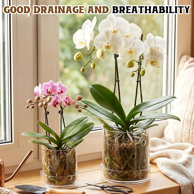 4 Inch 5 Inch Clear Acrylic Orchid Planter Pot with 360° Round Holes & Tray, Thick Acrylic Vented Planter for Phalaenopsis, Root Airflow, Bottom Watering & Indoor Orchid Repotting