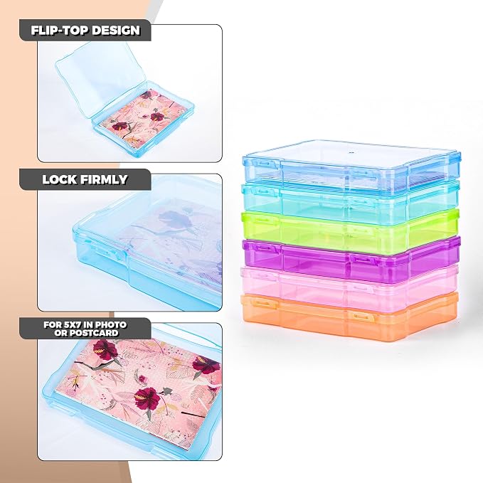 5×7 Photo Storage Box With Handle,Plastic photo keeper With 6 inner 5×7inch photo cases,Card Organzier Craft Storage box for pictures,stamps,seeds (Colorful With Handle)