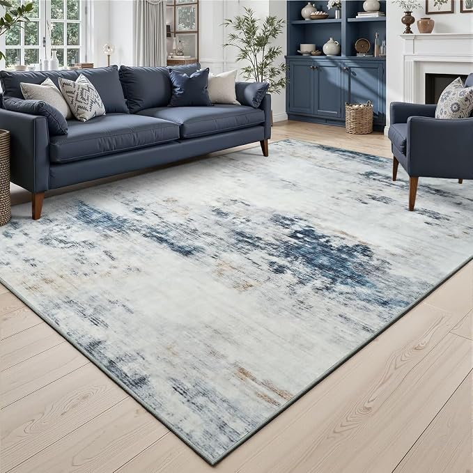 Toneed Washable 5x7 Area Rug with Non-Slip Backing for Living Room | Abstract Modern Rugs, Soft Low Pile Carpet for Bedroom Kitchen Dining Room Nursery Indoor Floor Office Home Decor, Blue/White
