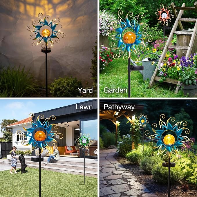 Solar Lights Outdoor Garden Decor, Blue Metal Sun Crackle Glass Globe Stake Waterproof 30LED Decorations Unique Gifts for Women,Mom,Outside, Patio,Lawn,Yard,Pathway