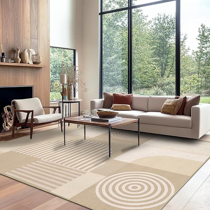 9x12 Area Rug for Living Room Beige Geometric Rug Machine Washable White Minimalist Mid Century Modern Area Rugs Non Slip Low Pile Large Dining Room Floor Carpet for Bedroom Office,Beige