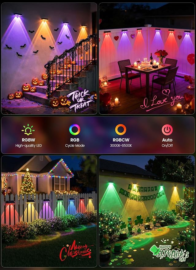 Brightown 8 Pack Solar-Fence-Lights-Outdoor, IP65 Waterproof 3000/4000/6000K/RGB 11 Colors Solar Deck Step Flood Lights, Solar Patio Lights for Outside Backyard Yard Home Improvement Wall Railing