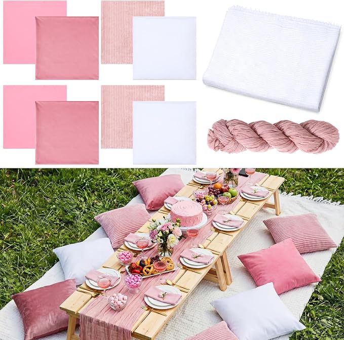 Yuntau Large Outdoor Boho Picnic Blanket with Table Runner 8 Pink White Red Pillows Covers No Pillow Summer Picnic Decor for Camp Birthday Party Bridal Shower Outdoor Backyard Garden(Pink)