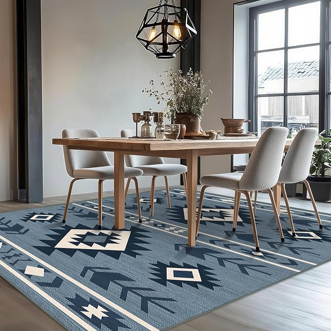 Area Rug 6x9 Western Rug Living Room Southwestern Aztec Tribal Rugs Southwest Navajo Machine Washable Non-Slip Printed Low-Pile Floor Carpet for Bedroom Dining Room Office, Blue