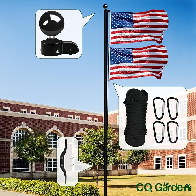 Flag Pole Pulley and Rope kit for 2" to 2.6" Diameter Flag Poles, 50FT Rope, 3.5" Flag Pole Topper, Cast Aluminum Flag Pole Truck, Metal Snap Clips and Cleat(Black)