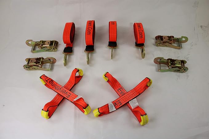 8 Point Kit 14' Heavy Duty Orange Tecnic Strap Kit for Rollback/Flatbed Tie Downs with Twisted Snap Hook