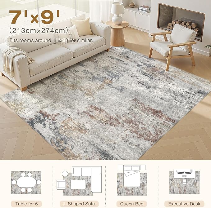 DMOYEST 7x9 Area Rug for Living Room Washable Abstract Indoor Carpet | Neutral Modern Low Pile Rugs Kid & Pet Friendly Large Soft Thin Carpet for Bedroom Dining Room - Grey/Orange/Yellow