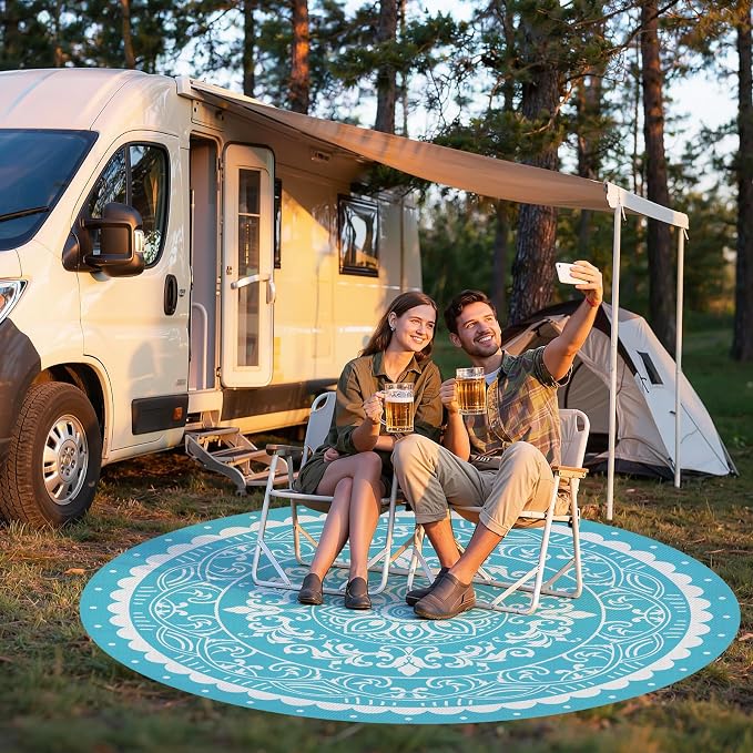 Pauwer Waterproof Outdoor Rug 8ft, Reversible Plastic Straw Patio Camping Rug, Indoor Outdoor RV Mat Carpet for Deck, Camper, Porch, Balcony, Backyard, Picnic, Paisley Teal