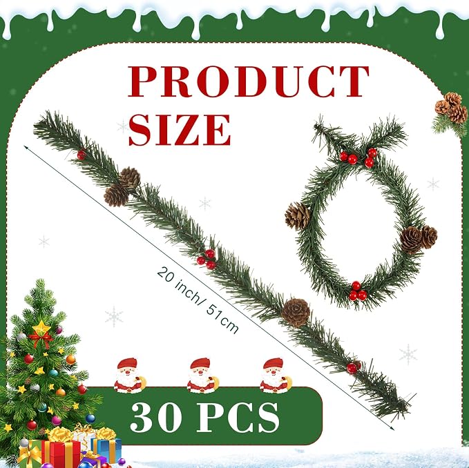 Zhengmy 30 Pcs 20 Inch Christmas Garland Ties with Pinecone & Red Berries, Decorative Twist Tie for Banister Flexible Pine Stems for Christmas Stairs Railing Banister Decor DIY Craft Gift Wrapping