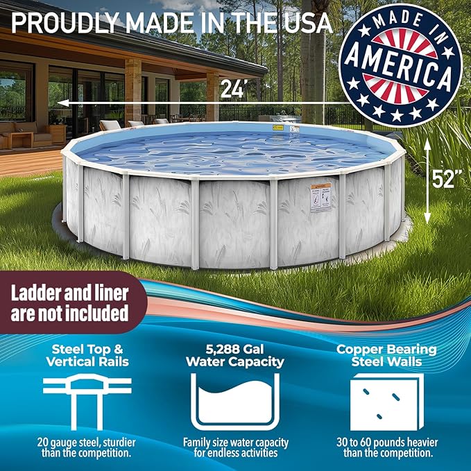 Hollowell Industries - Manufacturers of Doughboy Pools, 24 Ft x 52 Inch Deep Above Ground Pool with Skimmer - Hard Sided Steel Wall Pool, Brush Stroke Pattern - Made in USA