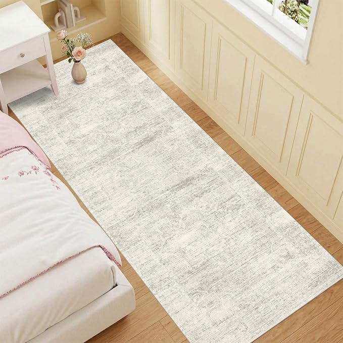 Latte&Fog 2.6x8 Washable Hallway Runner Ivory Rug for Kitchen Non Slip | Low Pile Soft Cute Throw Rug Doormat for Entrance Bathroom Laundry Bedside Bedroom Nursery Playroom Hallyway Dorm Office