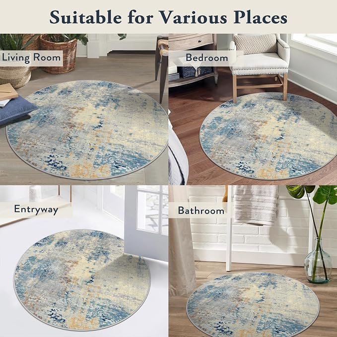 Lahome Modern Abstract Round Rug 3Ft, Blue Washable 3x3 Circle Rugs for Kitchen Entryway Soft Small Bedroom Mat Non Slip, Contemporary Indoor Floor Throw Carpet for Nursery Home Office