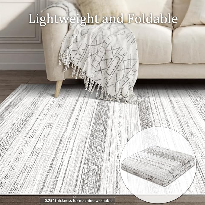 Boraya Area Rugs for Living Room: 8x10 Washable Boho Rug for Bedroom Large Neutral Bohemian Moroccan Farmhouse Geometric Dining Room Rugs Ultra Soft Floor Carpet Indoor for Home Office - Grey Ivory