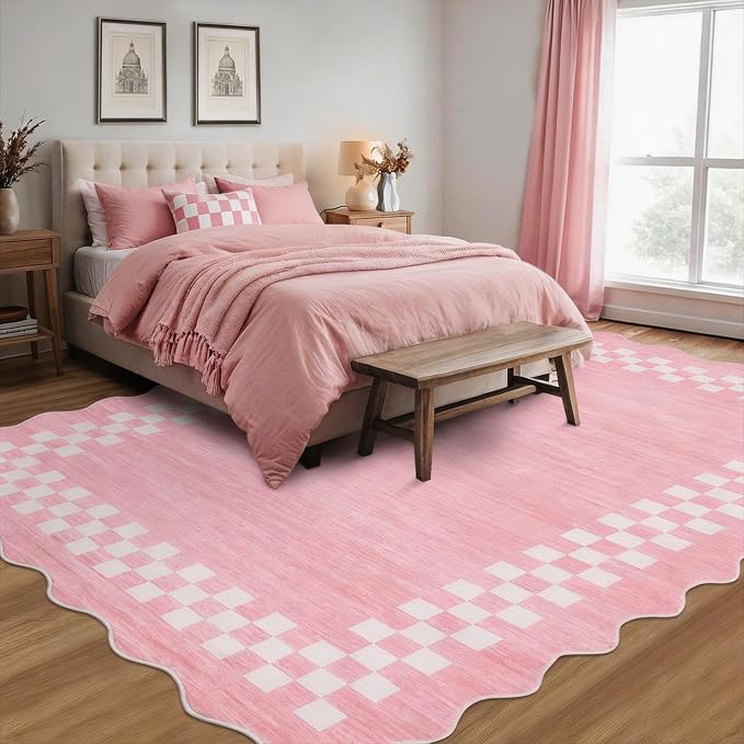 GarveeHome 4x6 Area Rug Small Washable Living Room Rug Scalloped Rug | with Rubber Backing Stain Resistant Low Pile Dining Room Throw Carpet Modern Bordered Mat for Bedroom Kitchen, Pink