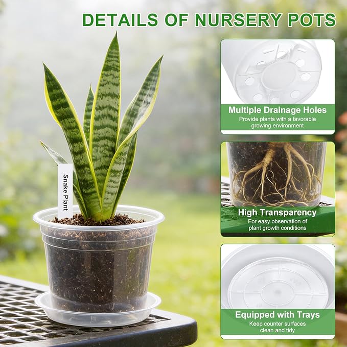 5/6/7/10 Inch Clear Nursery Pots with Drainage & Saucers 16PCS , Plant Large Pots with Labels, Seedling Tool & Hole Puncher, Plastic Nursery Pots for Succulents, Seedings, Herbs, Flowers, Vegetables