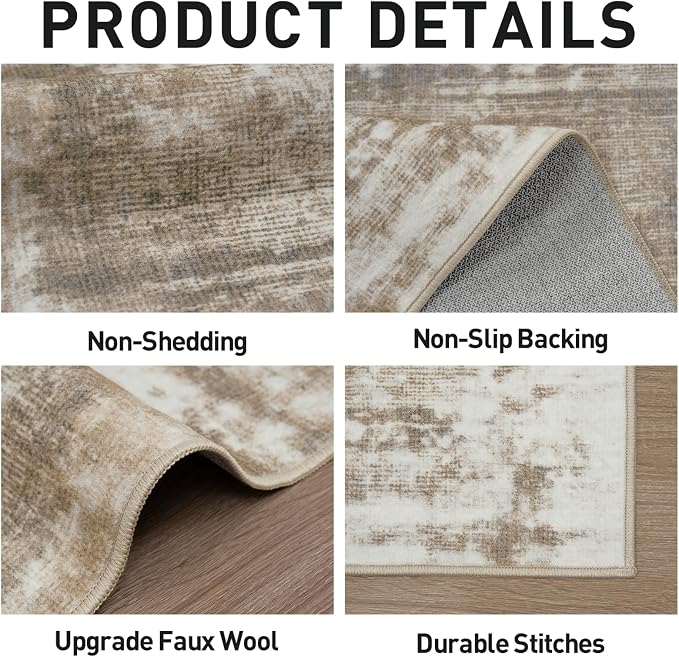 9x12 Area Rugs for Living Room: Washable Abstract Brown White Carpet | Non-slip TPE backing makes this washable soft low-pile rug safe & durable, Pet-friendly decor for dining room,nursery,office
