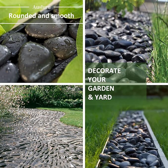 11lbs Polished Black River Rocks,Natural Decorative Stones for Indoor Plants,Vases & Fish Tank,Includes 1 Engraved Inspirational Rock,1-2 Inch Decorative Pebbles for Garden Landscaping