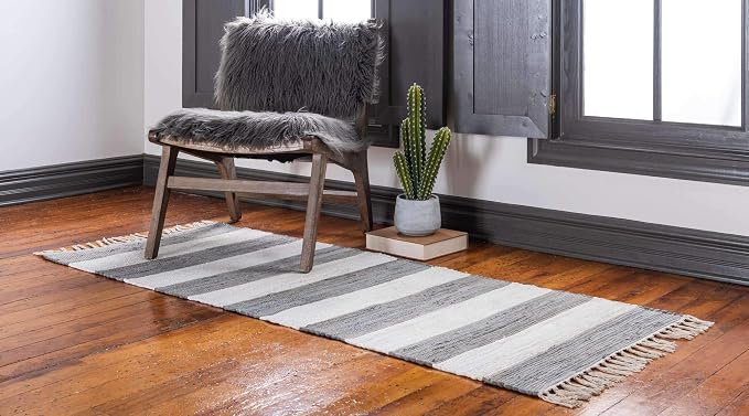 Unique Loom Chindi Rag Collection Area Rug - Striped (2' 2" x 10' Runner, Gray/ Ivory)