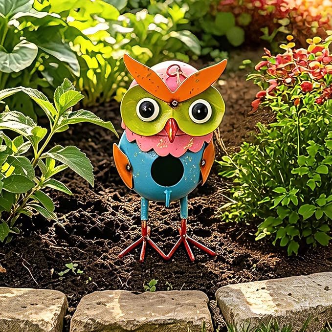 Metal Owl Garden Statues Yard Art Animal Figurines | Hanging Birdhouse Owl Figure Outdoor Decor Yard Decoration Lawn Ornaments Decorative Bird House for Outside